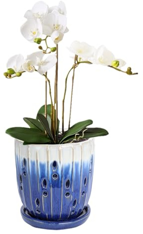 vensovo Orchideentöpfe mit Löchern und Untersetzern, Keramik-Pflanzgefäße für drinnen und draußen, Luftstrom-Design für gesündere Wurzeln, 14 cm
