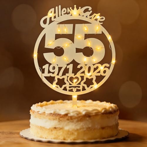 Tortendeko 55 Geburtstag Frau Mann 1971-2026, Seutgjie Deko 55. Geburtstag Jubiläum Hochzeitstag Cake Topper Holz mit LED Lichterkette Tortenaufleger Blumenstecker