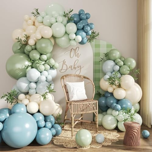 Salbeigrün Blau Luftballons Girlande Kit,124 Stück Ballon Girlande Set,Luftballon Girlande Blau,Doppelschichten Ballongirlande Set,Latexballons für Geburtstagsparty,Hochzeit Dekorationen