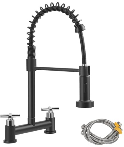 2 Hole Bridge Kitchen Mixer Tap, Dual Lever Sink Faucet with 360° Swivel Brass Spout & 2 Spray Modes, Corrosion-Resistant Ceramic Valve, Easy Install Deck Mounted for 180mm Centers UK Standard (A01)