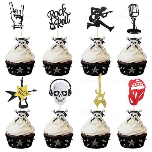 Huaxintoys 24 Stück Musik Tortendeko, Rock Band Tortendeko, Rock and Roll Cupcake Topper, Disco Glitzer Gitarren Musikinstrument Kuchen Topper für Musiker Party Geburtstags Party Zubehör