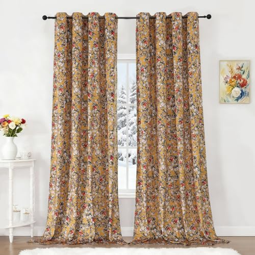 VEHEDE Gelbe Samt-Verdunkelungsvorhänge für Schlafzimmer, Bohemian Blumen Druck Vorhänge 244 cm Länge Fensterdekor thematisch, Ösen schalldicht energieeffiziente Gardinen für Wohnzimmer, 132x244 cm