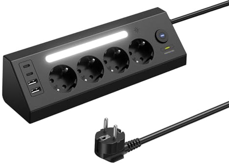 Multiprise de Bureau avec USB C, Prise Multiple 4 Prises, Prise de Table avec Interrupteur et LED, Prise d'angle pour Cuisine, Chambre ou Bureau, Câble 1.8m, Noir