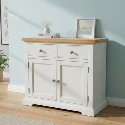 GROF GROFurniture Painted 3ft Sideboard Snow White Dresser Base with Oak Top - Ready Assembled Sideboard 2 Doors 2 Drawers Cabinet