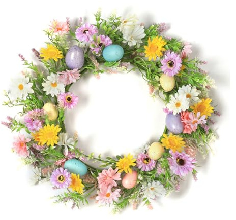 Türkranz Frühling, 45CM Frühlingsdeko Künstliche Türkranz Deko Ostern, Osterdeko Haustür Deko Kranz mit Ostereier Künstlicher Blumen Deko Frühling Blumenkranz für Tür Wand Fensterdeko (A)