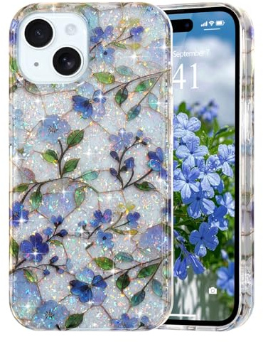 Ethanger für iPhone 14/13 Hülle Blumen, Blaue Blume | Aesthetic Blumen Collage Muster Flower Design Handyhülle, Dünne Hardcase mit Glitzer Farbige Folie, Transparent Schutzhülle
