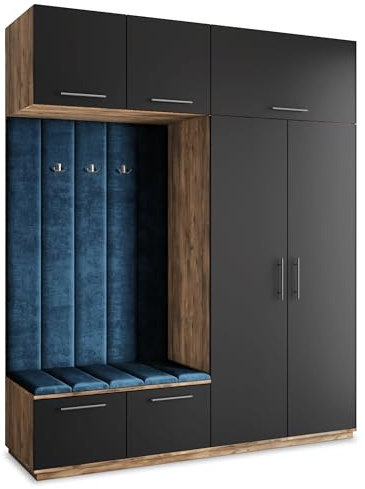 Masseno Flugarderoben Set Rema, Kleiderschrank-Set mit Sitzbank, Garderobenschrank Flur mit 5 Regalböden, Eiche Lefkas/Schwarz
