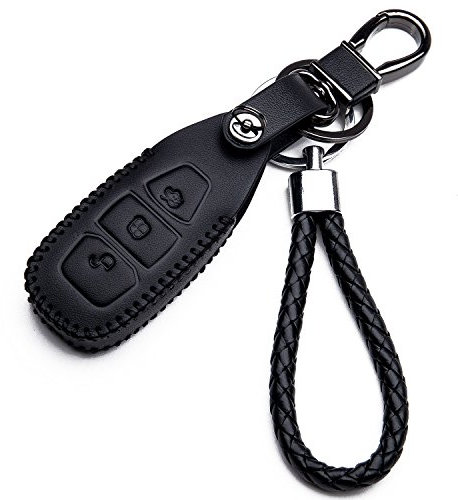 KASER Housse en Cuir pour Clé Ford 3 Boutons avec Porte-Clés Fiesta Focus Galaxy Fusion S-Max Kuga Ecosport Smartkey Étui de Protection Cover Coque pour Télécommande Keyless
