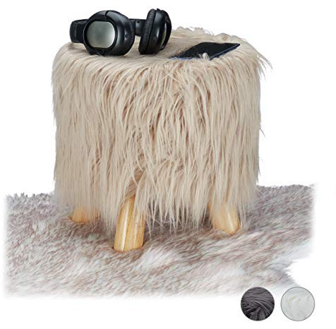 Relaxdays Fell Hocker, flauschig, 4 Holzbeine, gepolsterter Fußhocker, Kunstfell, rund, Dekohocker HxD: 31x31 cm, braun