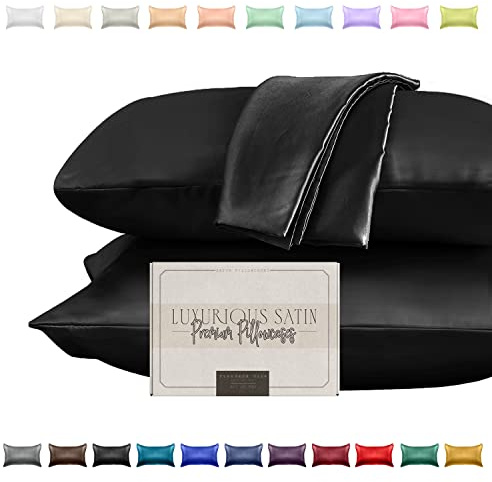Elegant Comfort Silky and Luxurious 2-Piece Satin Pillowcase Set for Healthier Skin and Hair, Hidden Zipper Closure and Beautifully Packaged, Satin Pillowcase Set, King, Black