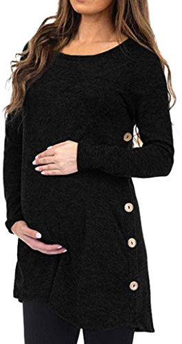 Robe de Grossesse Pour Séance Photo - T-shirt d'Allaitement - Mode de Grossesse - Manches Longues - Uni - Chemisier - Bouton - Automne - Hiver - Pull Pour Femme - 44, Noir, S
