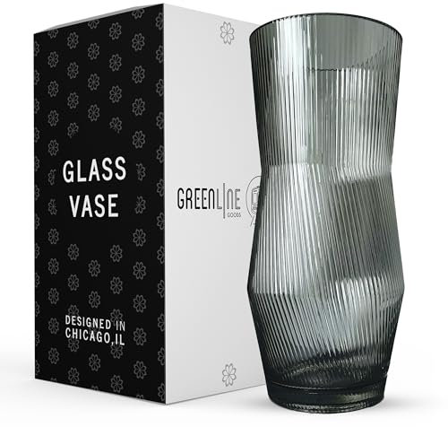 Greenline Goods Gerippte Blumenvase mit abgerundetem Boden - Graue mundgeblasene Glasvasen für Blumen, geriffeltes & geripptes Design - Elegante gerippte Vase für Blumen, Premium graue Glasvase zur
