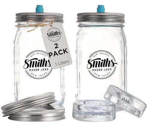 Smiths Mason Jars 2-pack bocaux en verre de fermentation de 1 L avec couvercles et poids de décapage – Idéal pour l'avoine de nuit, le kimchi, les cornichons et le stockage de vos collations préférées