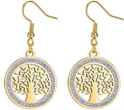 Dreamtimes Boucles d'oreilles arbre de vie pour femmes en acier inoxydable Boucles d'oreilles rondes en zircon doré Arbre généalogique Cadeau de mariage à la mode Charme Bijoux de luxe (or)