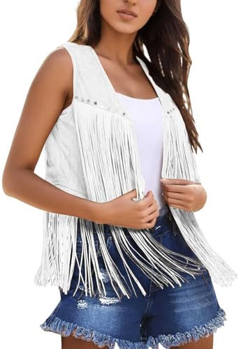Gilet da donna con frange in finta pelle scamosciata aperta sul davanti, senza maniche, stile hippie anni '70, stile bohémien, giacca western, giacche da donna senza maniche, bianco, M