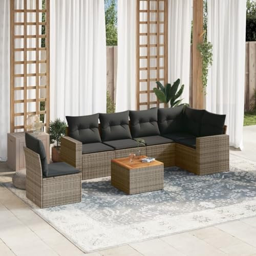 ULUYYUC 7-TLG. Garten-Sofagarnitur, Eckbankgruppe Gästebett Stehtisch Polsterbank Geeignet für Hinterhof Garten Außenbereich Balkon mit Kissen Grau Poly Rattan