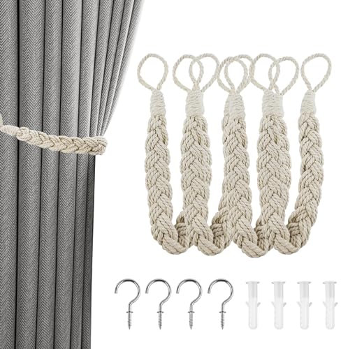 Vorhang Raffhalter, 4 Stück Baumwolle Vorhang Handgestrickte Curtain Rope Buckle Beige Gardinenhalter für Haus Office, Wohnzimmer, Schlafzimmer