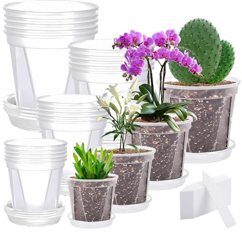 YFNVH 20 Pcs Clear Plastic Plant Pots Transparent Orchid Pot Nursery Seedling Pots with Drainage Hole and Tray for Home Garden Indoor Outdoor Flower Root Growing, 10/12/15/18 cm