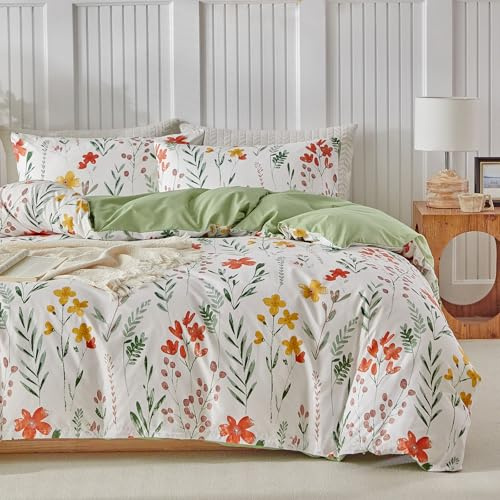 Housse de Couette 220x240, 3 Pièces - Ensemble de Linge de Lit en Microfibre à Motif Floral, 1 Housse de Couette 240x220 cm + 2 Taies d'oreiller 50x75 cm, avec Fermeture éclair, Vert(50 x 75 x 2)