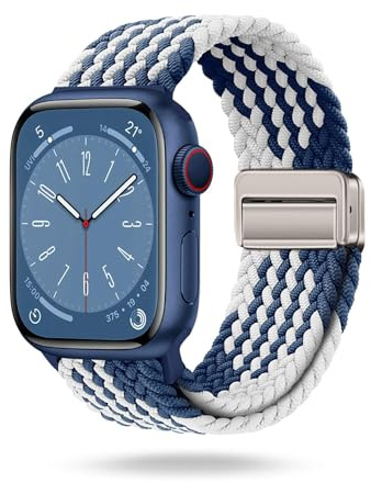 ONEFLOW Casual Loop Kompatibel mit Apple Watch 10 (42mm) Geflochtenes Armband Elastisch, Textil iWatch Armbänder Damen Herren, Sport Nylon Stoff Band Verschluss Magnetisch, Blau Weiß