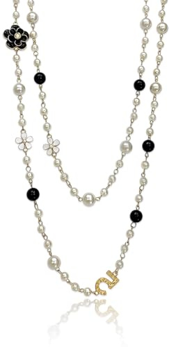 ZORVYN Damen Lange Perlenkette Weiß und Schwarz Doppelreihig mit Camelia-Blütenanhänger Goldene Kette Elegantes Geschenk für Frauen