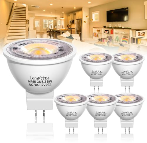 Lamptobe GU5.3 LED Warmweiß 3000K, 5W 360Lm AC/DC 12V LED Leuchtmittel, Ersatz für 60W Halogenstrahler, 38° Abstrahlwinkel, Nicht dimmbar, MR 16 für Deckenleuchte, Landschaftsbeleuchtung (6 Stück)