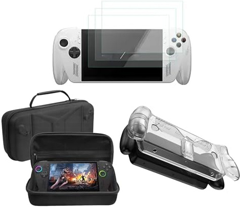 Handheld Gaming Console Protection Bundle Compatible with ROG for Xbox Ally X - TPU Clear Case with Stand, 3 Pcs Tempered Glass Screen Protector, Waterproof Carrying Case