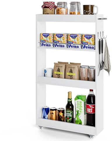 MoraRise Slim Kitchen Trolley with Wheels,Kitchen Storage Trolley Cart,4-Tier Open Shelves Rolling Utility Cart with Handle & 3 Hooks,Narrow Shelving Unit for Bathroom Laundry Living Room Home Office