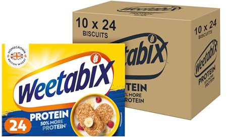 Weetabix Protein Pack of 10 x 24 Biscuits – High Protein Wholegrain Breakfast – Plant-Based Goodness – Low Sugar & High Fibre – 12g Protein per Serving – Source of Iron & Vitamin B1 – UK’s No.1 Cereal