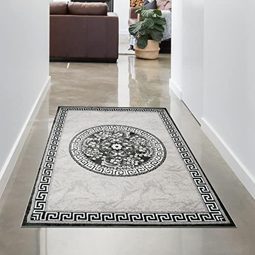CARPETIA Orientalischer Teppich LÄUFER mit Bordüre & Glitzergarn | Oeko-TEX | Creme grau Größe 80x150 cm