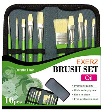Exerz Artist Paint Brush Set – 10 pcs Professional Bristle Brushes in a Protective Travel Case/Perfect for Oil Colour Acrylic Gouache - Oil