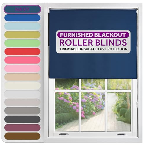 FURNISHED Roller Blinds Window Blackout, Navy Blue, 210cm Wide x 210cm Long | Thermal 100% blackout trimmable insulated UV protection child safe easy fit home office window blinds
