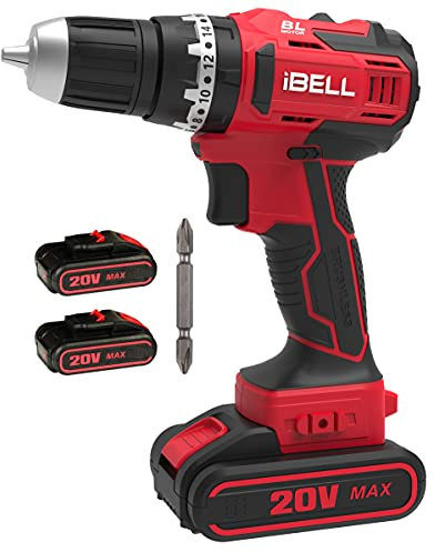 IBELL Brushless Cordless Impact Driver Drill Bm18-60, 20V, 1450 Rpm, Chuck 10 Mm, Li-Ion 1500Mah, 20 Level Torque, 3 Mode Selections With 2 Batteries, Red