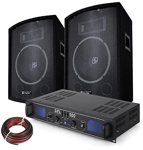 SkyTec - DJ Lautsprecher Set, Mobile PA Anlage Komplettset, 500 Watt, DJ Set Komplett, 2X Vonyx SL10 Lautsprecher 8Ohm,10 Zoll, 1x SkyTex SPL-500EG PA Verstärker, PA System, DJ Anlage für Beginner