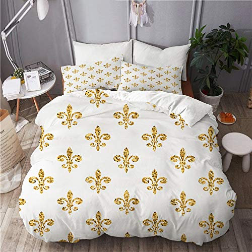 MANISENG Parure de lit,Modèle sans Couture de Fleur de lys doré,1 Housse de Couette 220x240 + 2 Taies d'Oreillers