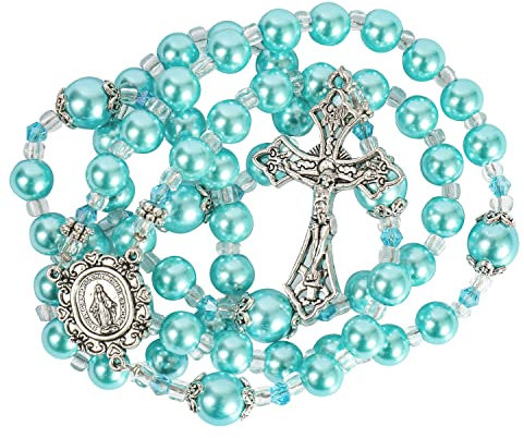 Nazareth Store Hellblaue Perlen Perlen Rosenkranz Katholische Halskette mit Wundermittel Medaille Kreuz Kruzifix Silberfarbene Rosenkränze in Samttasche