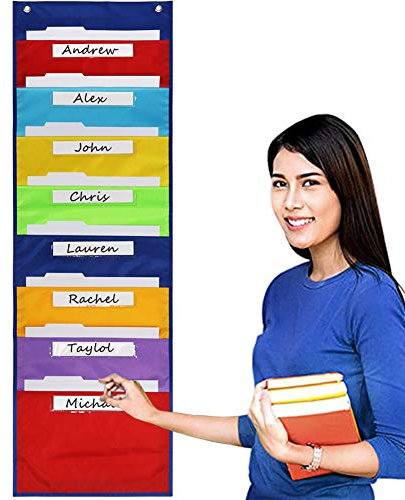 Wandbehang Ordner Datei Organizer mit 8 Taschen und L Förmige Haken Multifunktional Oxford Storage Ordnungsmappe Schule Pocket Chart Wand Organizer für Dateien Scrapbook Papiere Magazine Organisation