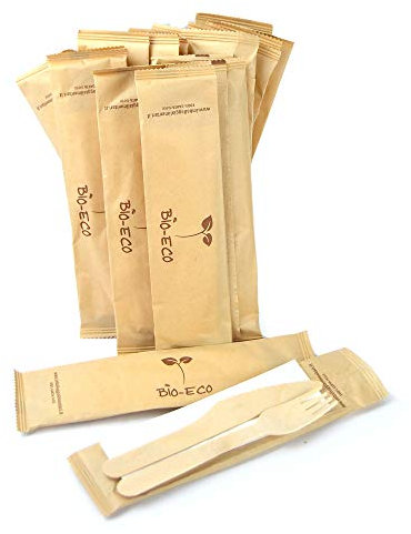 PZ 50 bis Posate in Legno FORCHETTA Coltello E TOVAGLIOLO IMBUSTATE in Busta 100% Carta