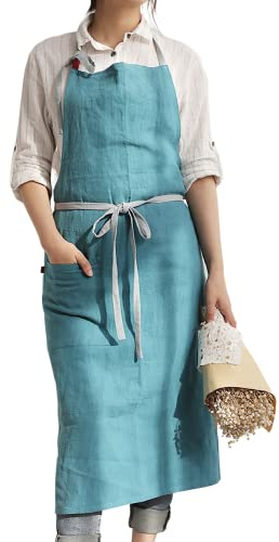 HANEE Küchenschürze für Damen und Herren (9 Farben), Leinen, Kochschürzen mit Tasche, Seeblau, 39(W) X 39(H)