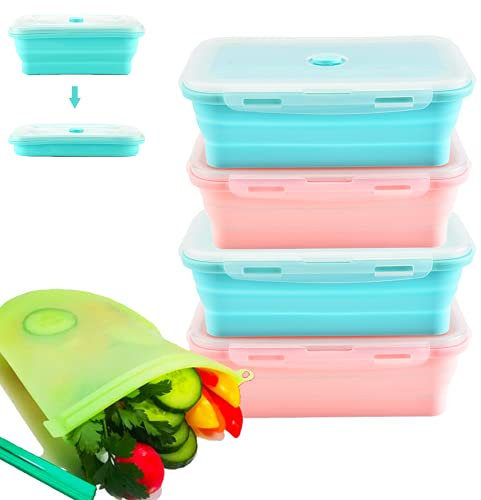 Lot de 4 boîtes de conservation alimentaires pliables en silicone de 800 ml, sacs de rangement en silicone gratuits pour congélateur, four, micro-ondes et lave-vaisselle (rose bleu)