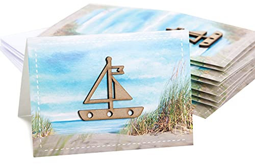 Logbuch-Verlag 10 Glückwunschkarten mit Segelschiff aus Holz - Geburtstagskarte mit Deko - maritime Klappkarte OHNE TEXT mit Kuvert Set