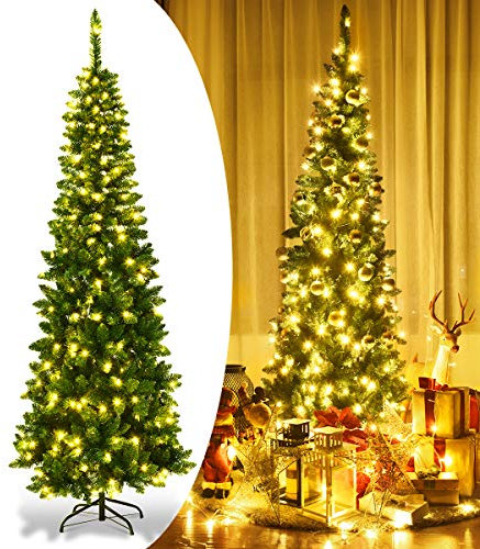 RELAX4LIFE Künstlicher Weihnachtsbaum mit Beleuchtung, Christbaum mit 350 LEDs & 1085 Spitzen, Tannenbaum Künstlich mit Metallständer, grün (225 cm)