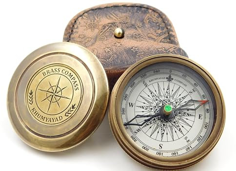 KHUMYAYAD Antiker Zitat-Kompass aus Messing mit Lederetui, motivierendes Navigationsgeschenk, religiöses Geschenk, Taufgeschenk, Hochzeitsgeschenk, Jubiläumsgeschenk, Anlassgeschenk.