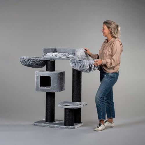 RHRQuality Árbol rascador para Gatos Grandes - Devon Rex Plus - 120 cm de Altura - con Postes de sisal de 15 cm y casita para Jugar - Blackline Gris Claro