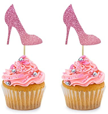24 x rosa glitzernde Cupcake-Topper mit hohem Absatz für Hochzeit, Verlobung, Brautparty, Geburtstag, Party, Stiletto-Thema, Party, Kuchendekoration, Zubehör