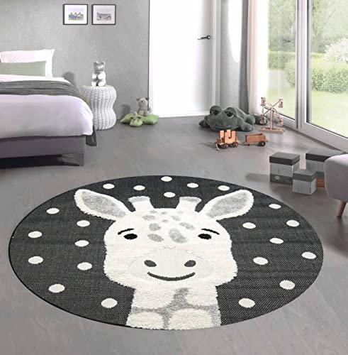 CARPETIA Kinderzimmer Teppich Baby Spielteppich 3D Optik High Low Effekt Giraffe Creme grau schwarz, 200 cm rund