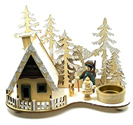 Kaladia - Rauchhaus/Räucherhütte aus Holz - für Räucherkerzen Größe M - mit integriertem Teelichthalter - Motiv: Förster mit Hund - Maße: 23 x 13 x 17 cm