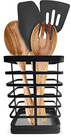 COMFEX Black Metal Wire Utensil Organiser and Drainer | Compact Kitchen Utensil Holder for Metal Spatulas, Wooden Spoons and Tongs