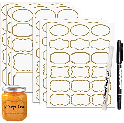 JaoNanl Removable Clear Labels for Jars, Transparent Label Stickers with Gold Border,Waterproof Write-On Kitchen Labels with Markers for Food Container,Storage Bin,Spice Jar,Home Organization,93Pcs