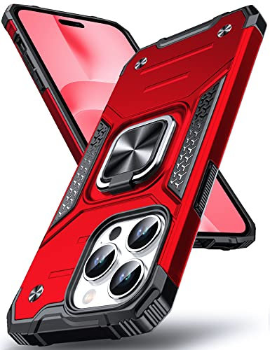 DASFOND Armor Hülle für iPhone 14 Pro Case Militär Stoßfest Handyhülle [Upgrade 2.0] 360 Grad Metal Ring Halter Ständer Schutzhülle [für Auto Magnet],Rot